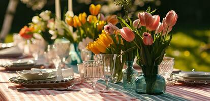 AI generated pink table cloths with tulips are on a table outside in sunlight photo