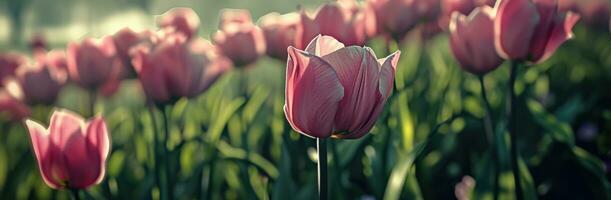 ai generado rosado tulipanes en el campo foto