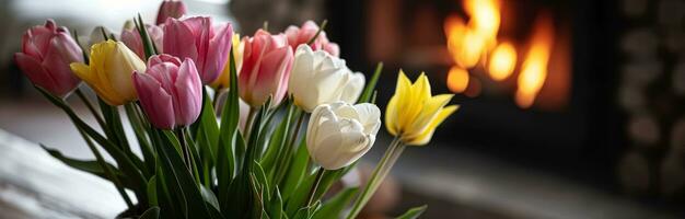 AI generated pink, yellow and white tulips are sitting next to the fireplace photo