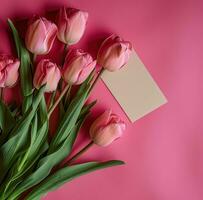 AI generated pink tulips with a card on top on pink background photo