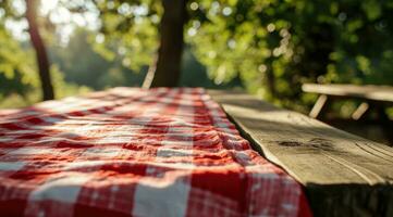 AI generated red cloth picnic tablecloth on the picnic table in autumn nature background photo