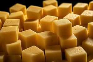 AI generated Close-up of a plate of yellow cheese cubes. photo