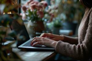 AI generated Close up of female hands typing on laptop keyboard at table in cafe photo