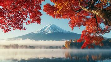 AI generated Fuji Mountain and Lake Kawaguchiko in autumn season, Japan photo