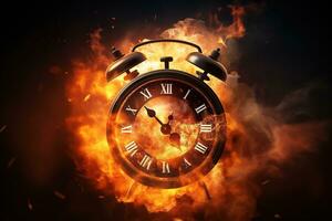 AI generated Alarm clock on fire background. Time is running out concept. photo