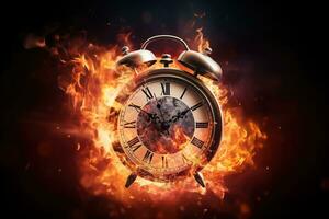 AI generated Alarm clock on fire background. Time is running out concept. photo