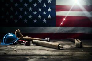 AI generated tools on a wooden table against the background of the American flag photo