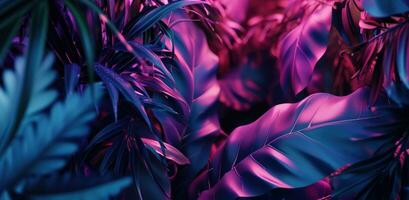AI generated purple and pink background with tropical leaves photo
