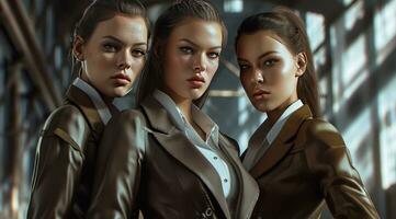 AI generated three females with brown suits look at the camera, photo