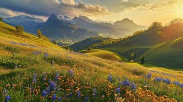 AI generated Colorful meadow with wildflowers and mountains in the background photo