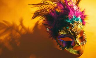 AI generated colorful mask on orange background with colorful feathers photo