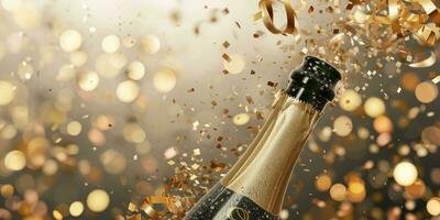 AI generated champagne bottle bursting with golden confetti on a beige background photo