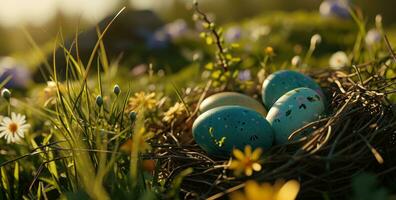 ai generado vistoso Pascua de Resurrección huevos en un nido en un de madera mesa foto