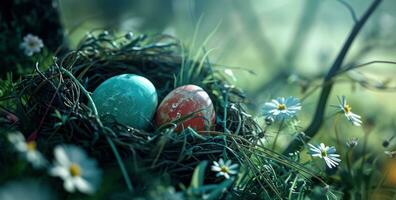 AI generated colorful easter eggs in a nest on a wooden table photo