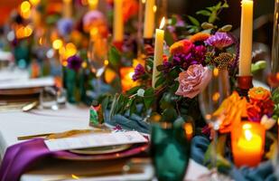 AI generated colorful wedding table settings with candles photo