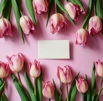 ai generado tulipanes en un rosado antecedentes con un tarjeta en el medio foto