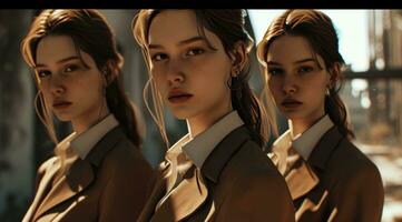 AI generated three females with brown suits look at the camera, photo
