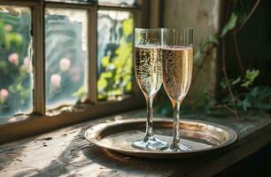 AI generated two glasses of champagne on tray by window in france wine photo