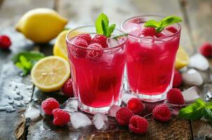 AI generated two glasses with raspberry lemonade with garnishes, ready-made photo