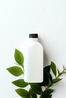 AI generated Blank cosmetic bottle with green leaves on white background photo