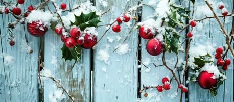 ai generado adornos y acebo ramas en un de madera cerca con nieve y hielo foto