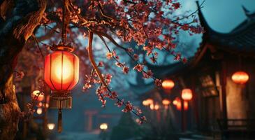 AI generated red lantern hanging from the street at night photo