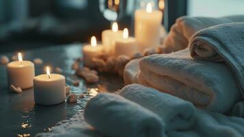 AI generated spa table full of towels and white candles photo