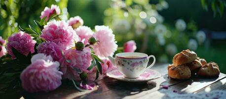 ai generado rosado peonias, taza de té y bollos en el fuera de mesa foto