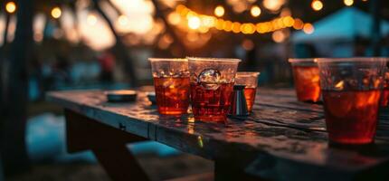 AI generated outdoor cocktail table with small cups and several liquid drinks photo