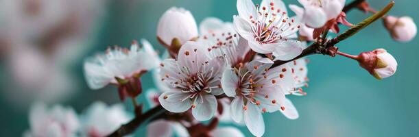 AI generated pink blossoms on a blue background photo