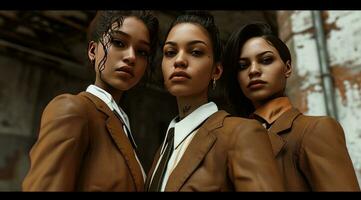 AI generated three females with brown suits look at the camera, photo