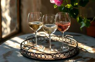 AI generated three french white wine glasses with two wrought iron finials on an antique tin tray photo