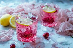 AI generated two glasses of raspberry lemonade with fresh cut lemons and lemon slices photo