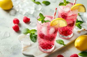 AI generated two glasses with raspberry lemonade with garnishes, ready-made photo