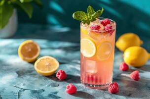 AI generated the raspberries and lemonade is garnished with lemons and raspberries photo