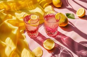 AI generated two glasses of raspberry lemonade with fresh cut lemons and lemon slices photo