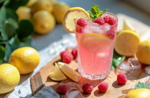 AI generated the raspberries and lemonade is garnished with lemons and raspberries photo