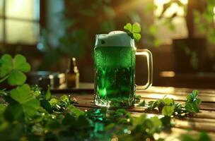 ai generado S t patrick's día, verde cerveza en el mesa foto