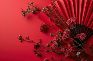 AI generated the paper fan with flowers on red background photo