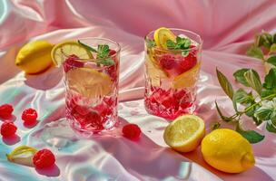 AI generated two glasses of raspberry lemonade with fresh cut lemons and lemon slices photo