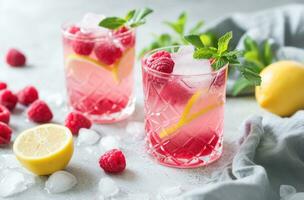 AI generated two glasses with raspberry lemonade with garnishes, ready-made photo