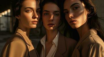 AI generated three females with brown suits look at the camera, photo