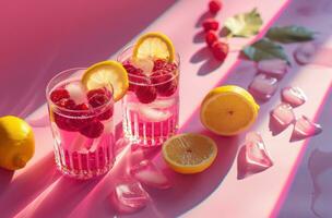 AI generated two glasses of raspberry lemonade with fresh cut lemons and lemon slices photo