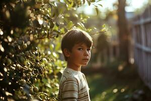 AI generated young boy standing in the yard boy photo