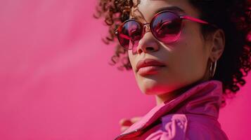 AI generated woman in a pink jacket and sunglasses and pink background photo