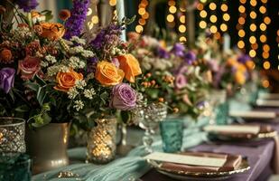 AI generated wedding tables are set with many flowers to decorate it photo