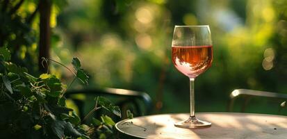 AI generated wine glass of pink wine on a table in the summer garden photo