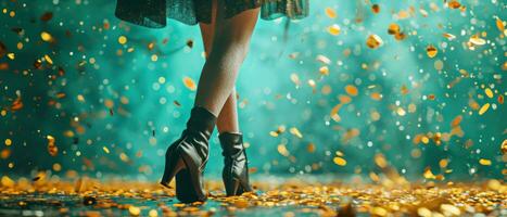 AI generated woman leg standing against green background with fancy confetti falling photo