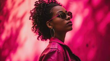 AI generated woman in a pink jacket and sunglasses and pink background photo