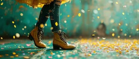 ai generado mujer pierna en pie en contra verde antecedentes con lujoso papel picado que cae foto